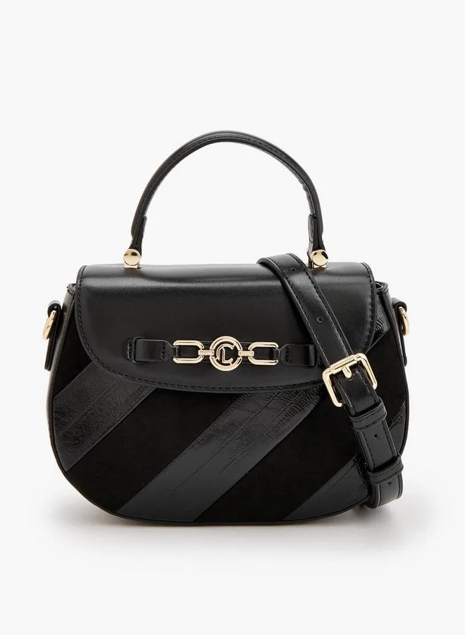 Striped Suede Satchel Bag With Metallic Accent