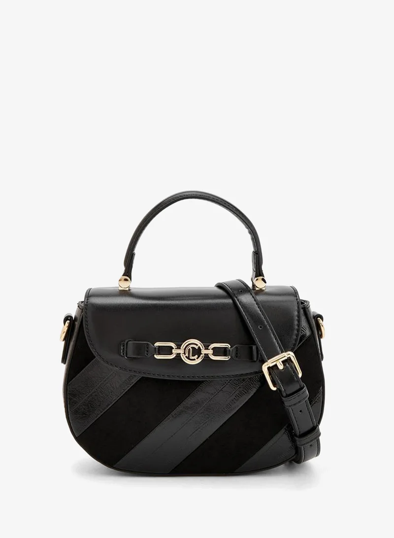 Striped Suede Satchel Bag With Metallic Accent
