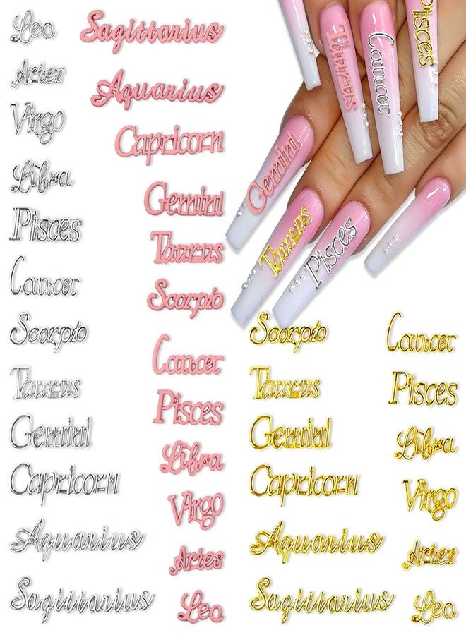 JERCLITY 36 Pieces Zodiac Nail Charms Gold Silver and Pink Constellation Words Nail Charms Twelve Constellation Nail Charms for Women Girls Nail Art - Image 1
