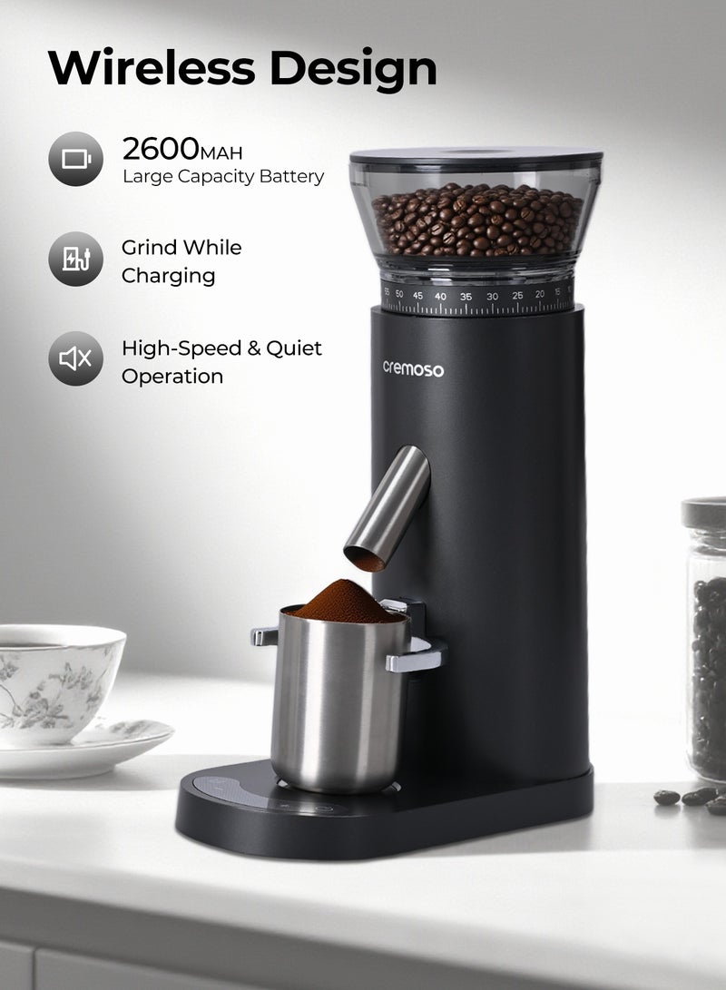 CREMOSO V60 Electric Coffee Grinder: 60-Speed Professional Grinding, Isostatic Anti-Static System, Tapered Stainless Steel Burrs, Cordless Design, 130g Capacity. - Image 3