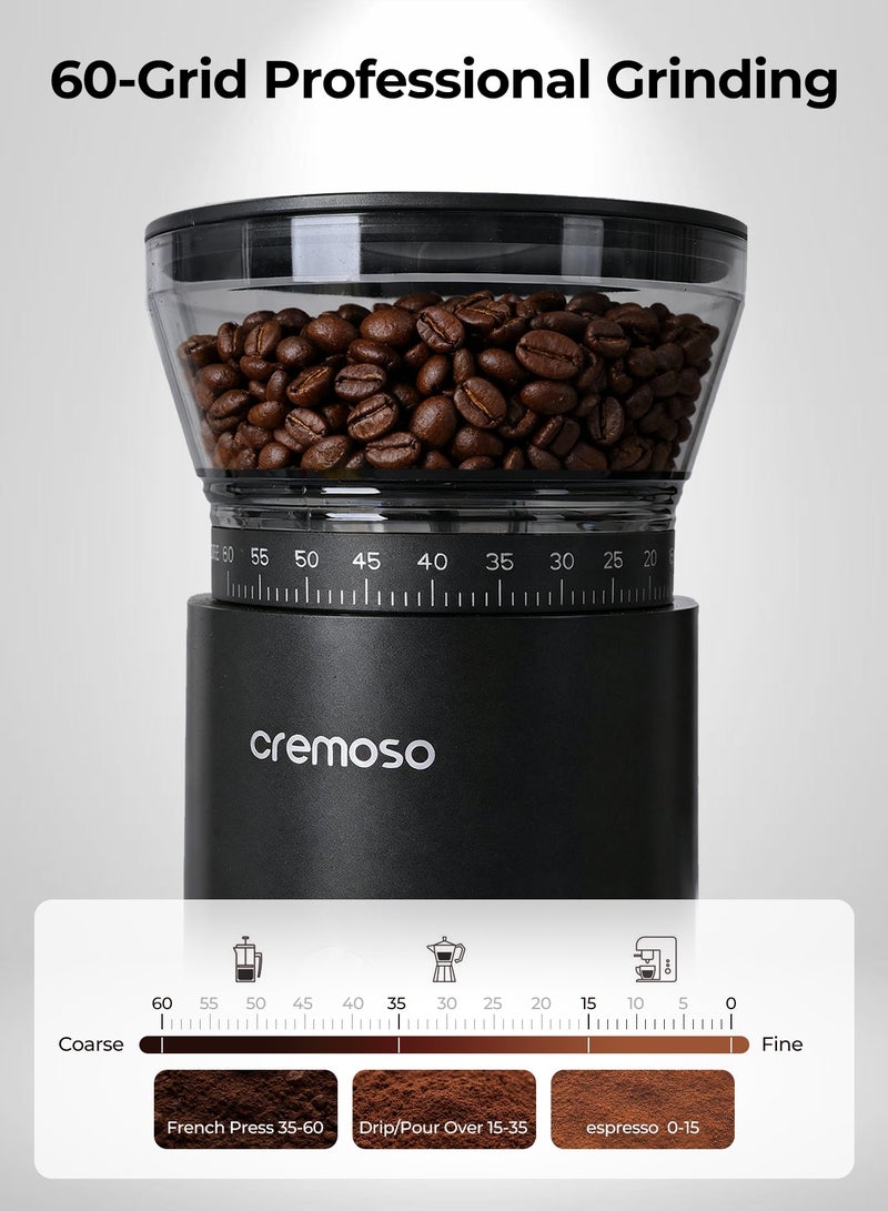 CREMOSO V60 Electric Coffee Grinder: 60-Speed Professional Grinding, Isostatic Anti-Static System, Tapered Stainless Steel Burrs, Cordless Design, 130g Capacity. - Image 2