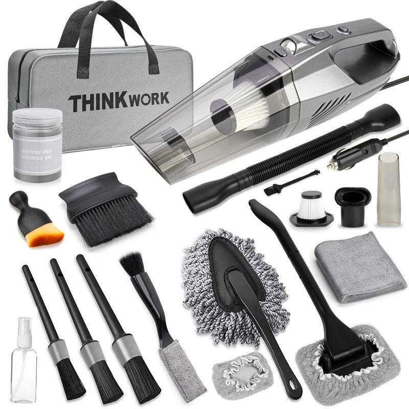 THINKWORK Car Cleaning Kit Car Vacuum Kit Gray Car Interior Detailing Kit with 8000PA High Power Vacuum Including 7Pcs Detailing Brush Set and Bag