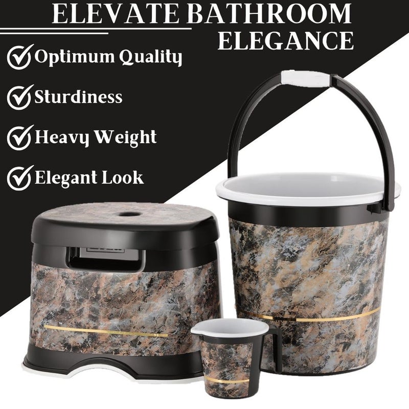 Nabhya طقم حمام من الجرانيت 3 قطع، مع دلو بلاستيكي (20 لتر)، كرسي مرتفع على شكل D، كوب (1 لتر) طقم دلو 3 قطع للحمام، المنزل والمطبخ، مجموعة من 3 قطع لتنظيف الدلاء (أسود) - Image 4