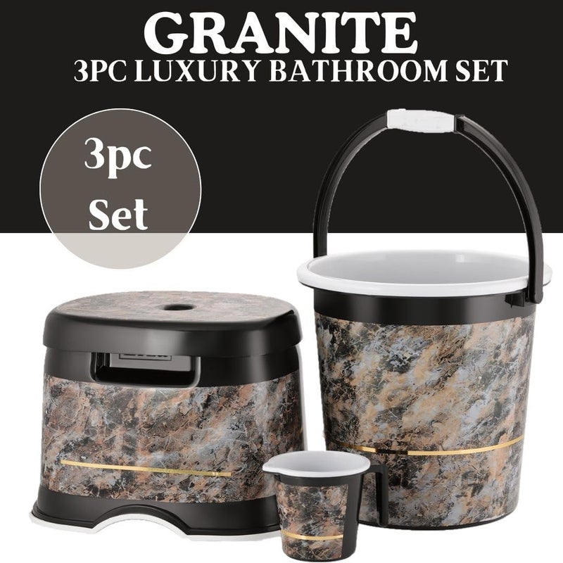 Nabhya طقم حمام من الجرانيت 3 قطع، مع دلو بلاستيكي (20 لتر)، كرسي مرتفع على شكل D، كوب (1 لتر) طقم دلو 3 قطع للحمام، المنزل والمطبخ، مجموعة من 3 قطع لتنظيف الدلاء (أسود) - Image 2
