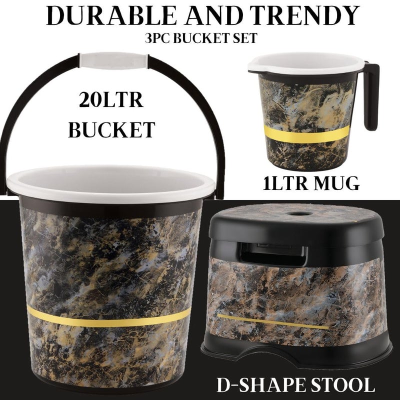 Nabhya طقم حمام من الجرانيت 3 قطع، مع دلو بلاستيكي (20 لتر)، كرسي مرتفع على شكل D، كوب (1 لتر) طقم دلو 3 قطع للحمام، المنزل والمطبخ، مجموعة من 3 قطع لتنظيف الدلاء (أسود) - Image 3