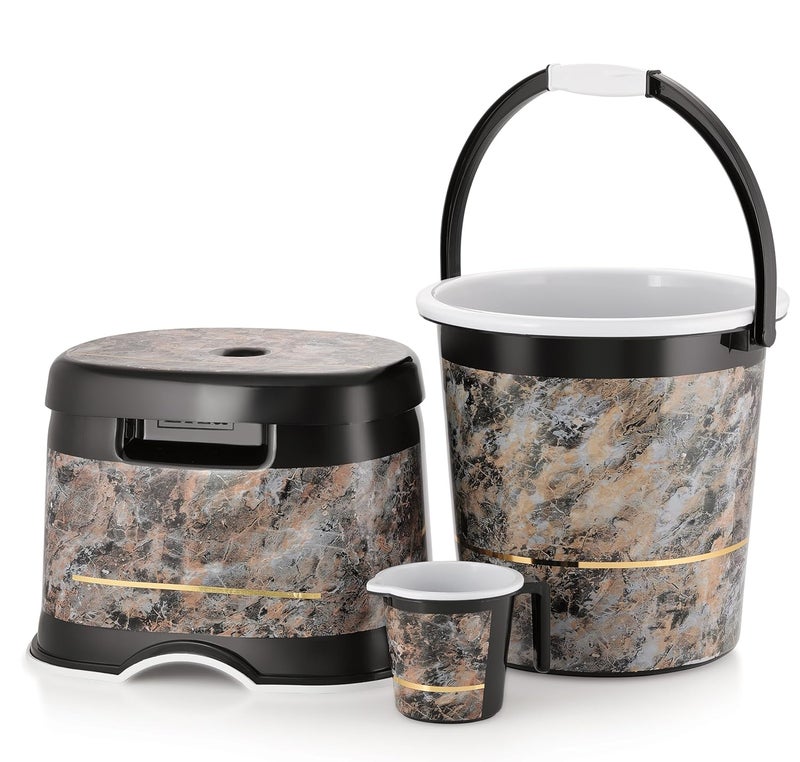 Nabhya طقم حمام من الجرانيت 3 قطع، مع دلو بلاستيكي (20 لتر)، كرسي مرتفع على شكل D، كوب (1 لتر) طقم دلو 3 قطع للحمام، المنزل والمطبخ، مجموعة من 3 قطع لتنظيف الدلاء (أسود) - Image 1