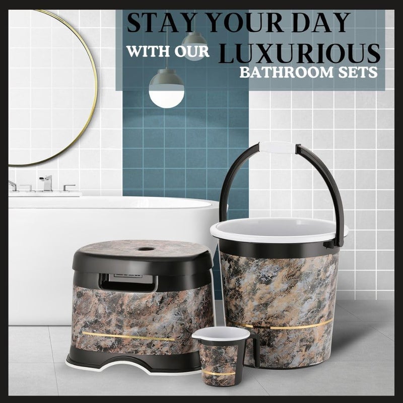 Nabhya طقم حمام من الجرانيت 3 قطع، مع دلو بلاستيكي (20 لتر)، كرسي مرتفع على شكل D، كوب (1 لتر) طقم دلو 3 قطع للحمام، المنزل والمطبخ، مجموعة من 3 قطع لتنظيف الدلاء (أسود) - Image 5