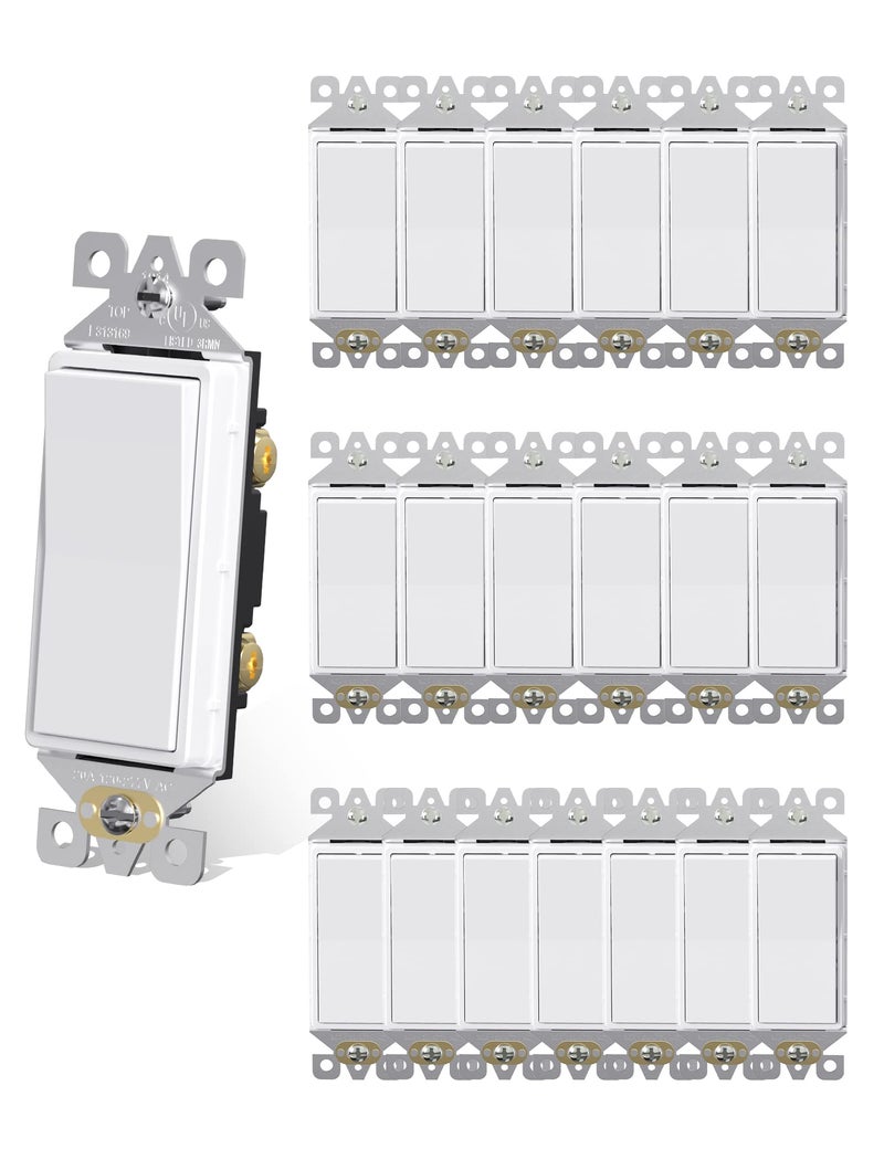 AIDA 20 Pack Light Switch Single Pole Light Switch Square Rocker Switch Decorative Switches White, 15 Amp Self-grounding Electrical Light Switches, Residential Grade, UL Listed Glossy White - Image 1