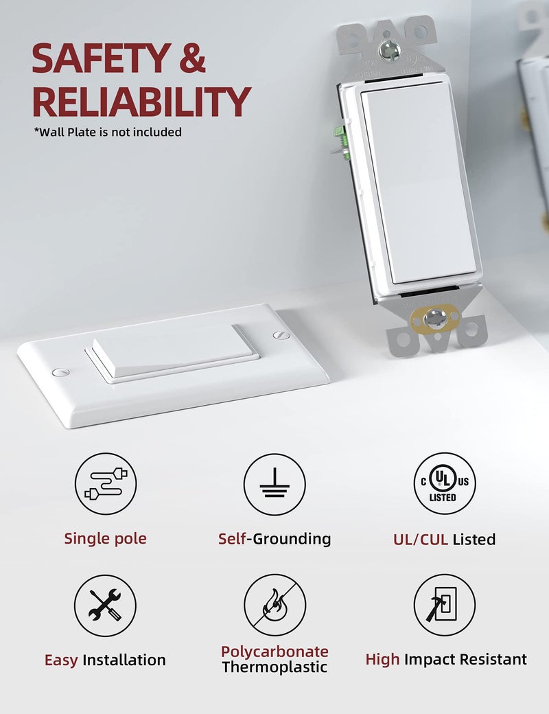 AIDA 20 Pack Light Switch Single Pole Light Switch Square Rocker Switch Decorative Switches White, 15 Amp Self-grounding Electrical Light Switches, Residential Grade, UL Listed Glossy White - Image 2