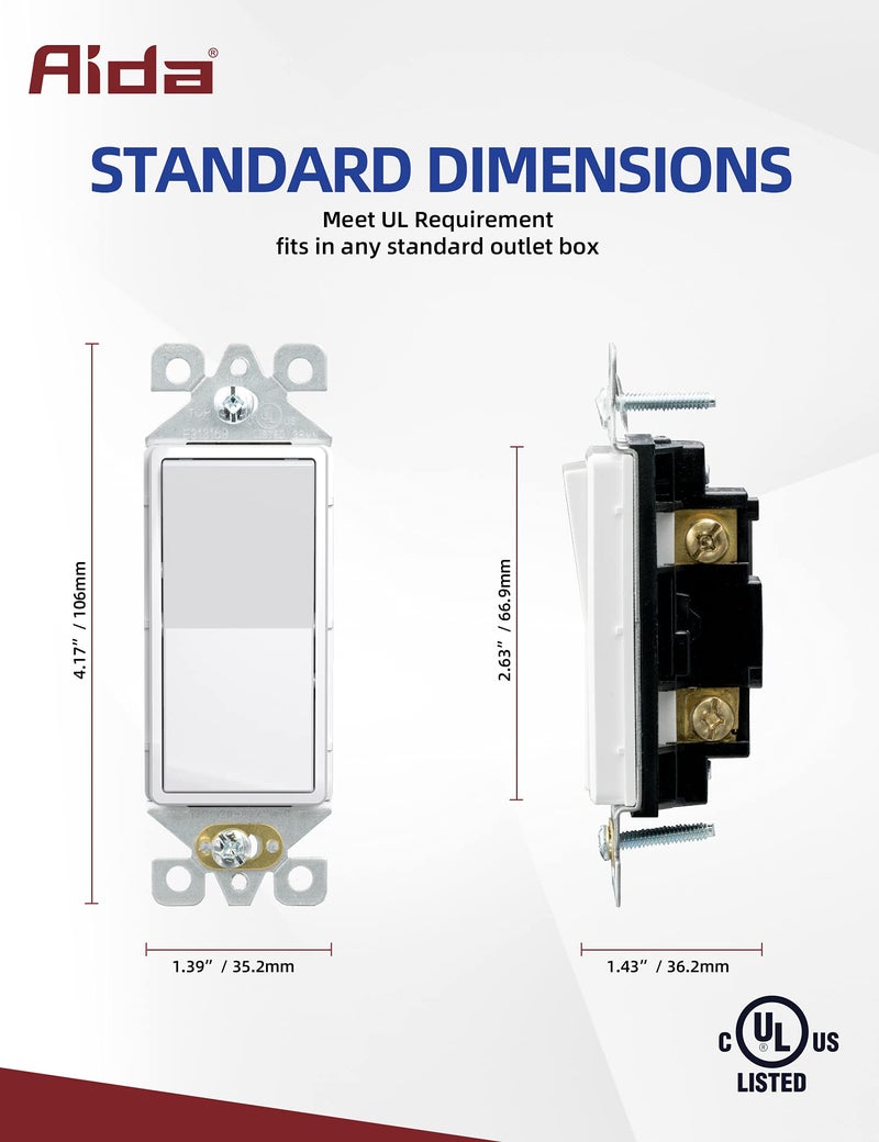 AIDA 20 Pack Light Switch Single Pole Light Switch Square Rocker Switch Decorative Switches White, 15 Amp Self-grounding Electrical Light Switches, Residential Grade, UL Listed Glossy White - Image 5