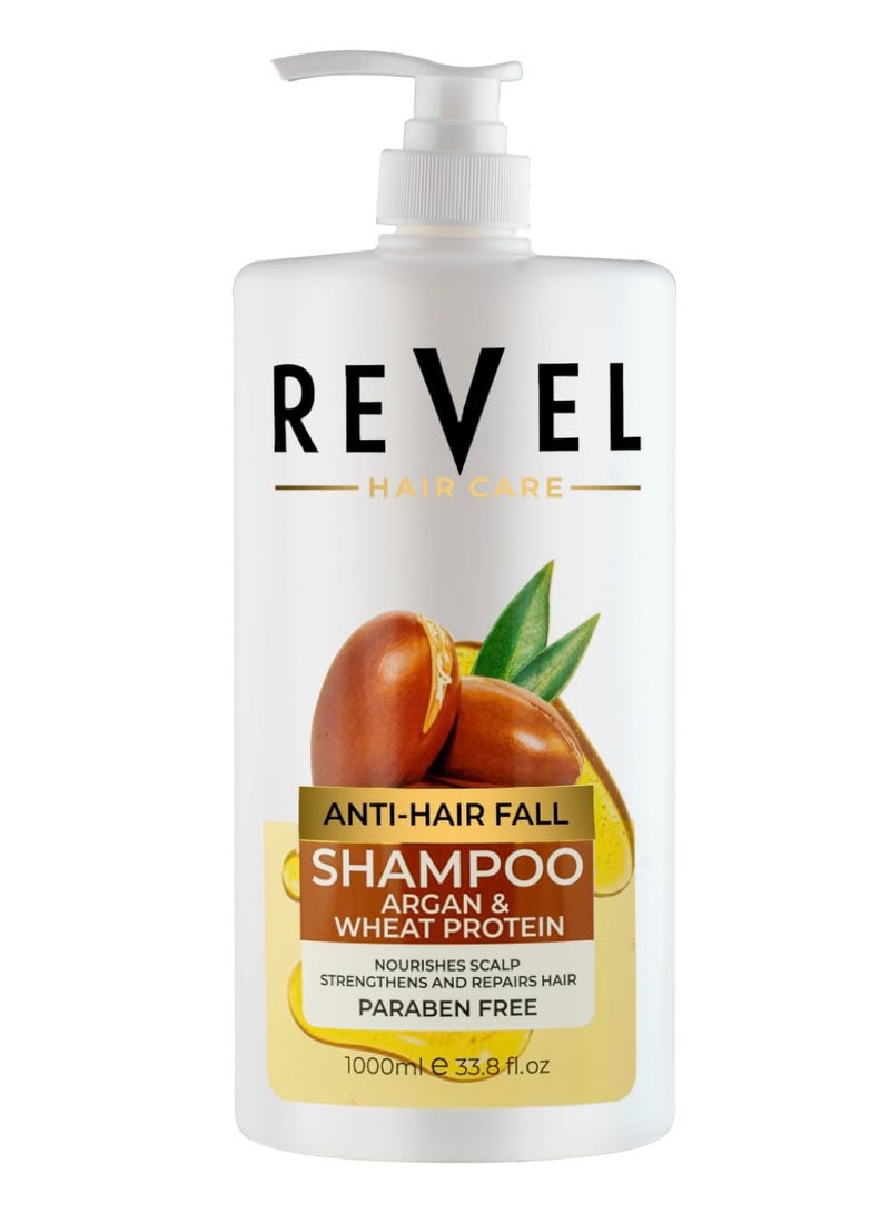 Revel شامبو ريفيل للعناية بالشعر ضد تساقط الشعر بزيت الأركان وبروتين القمح 1000 مل للرجال والنساء، خالي من البارابين - Image 1