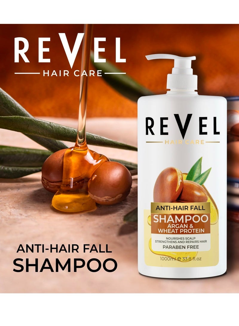 Revel شامبو ريفيل للعناية بالشعر ضد تساقط الشعر بزيت الأركان وبروتين القمح 1000 مل للرجال والنساء، خالي من البارابين - Image 2