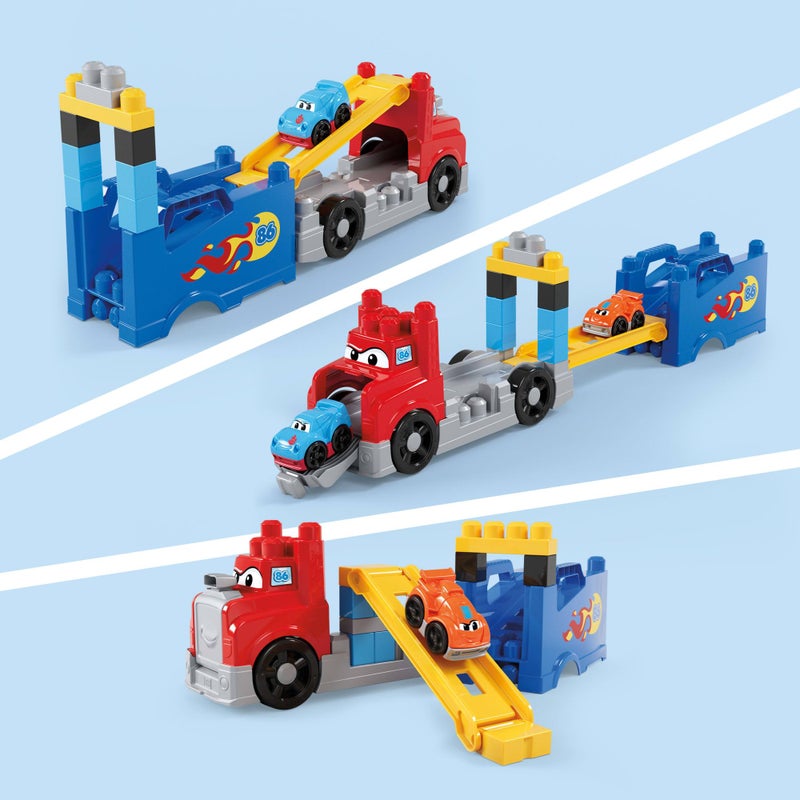 MEGA BLOKS First Builders Toddler Building Blocks Toy Set, Build & Race Rig with 19 Pieces, 2 Race Cars and Storage, Red, Ages 1+ Years - Image 4