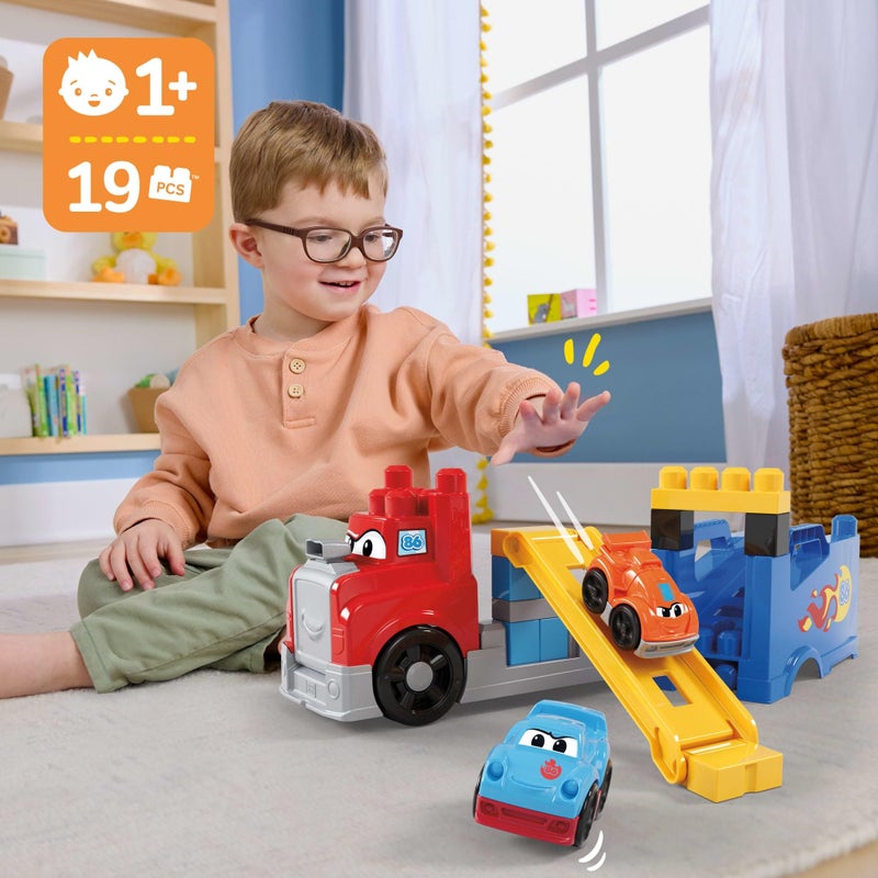 MEGA BLOKS First Builders Toddler Building Blocks Toy Set, Build & Race Rig with 19 Pieces, 2 Race Cars and Storage, Red, Ages 1+ Years - Image 2
