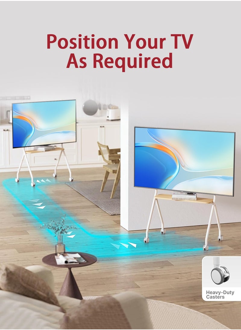 Artistic Easel Rolling TV Stand for 32 to 75Inch LCD LED OLED Screens, Portable TV Stand on Wheels, Height Adjustable Mobile TV Cart with Wood Media Shelf, Heavy Duty Portable TV Stand, White
