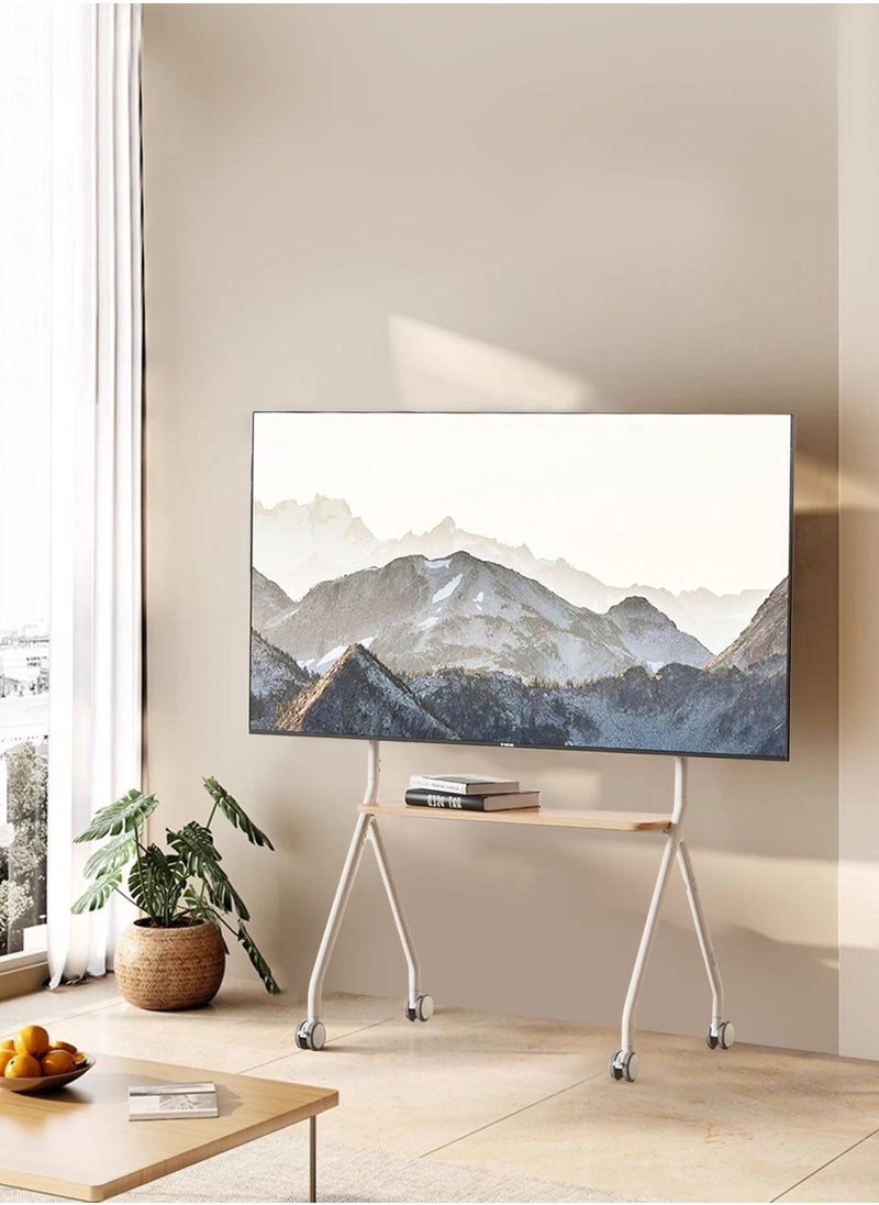 Artistic Easel Rolling TV Stand for 32 to 75Inch LCD LED OLED Screens, Portable TV Stand on Wheels, Height Adjustable Mobile TV Cart with Wood Media Shelf, Heavy Duty Portable TV Stand, White