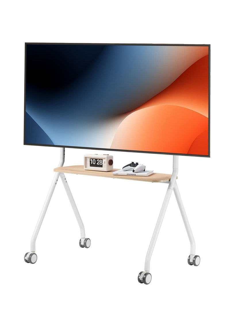 Artistic Easel Rolling TV Stand for 32 to 75Inch LCD LED OLED Screens, Portable TV Stand on Wheels, Height Adjustable Mobile TV Cart with Wood Media Shelf, Heavy Duty Portable TV Stand, White