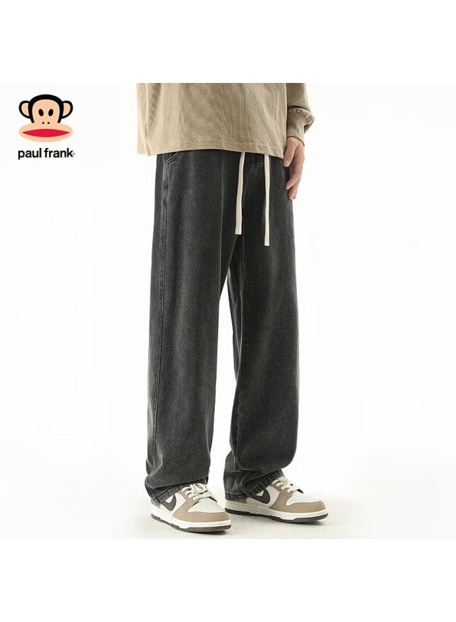 Paul Frank Men's Fleece-lined Denim Jeans Autumn Winter Loose Straight-leg Trendy Casual Pants Black Grey Regular Size S - Image 2