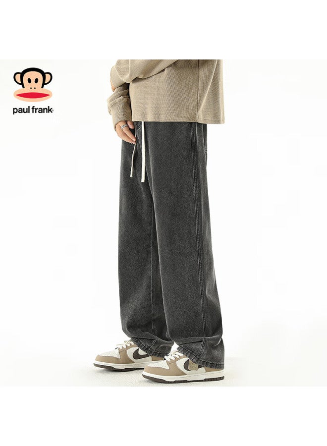 Paul Frank Men's Fleece-lined Denim Jeans Autumn Winter Loose Straight-leg Trendy Casual Pants Black Grey Regular Size S - Image 1
