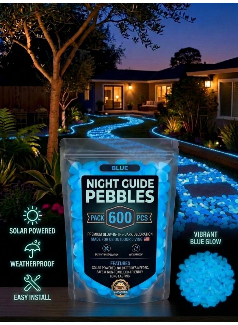 XiaoGiqi 600 Pcs Blue Glow in The Dark Pebbles, Solar Powered Luminous Garden Stones, Waterproof Sky Blue Glowing Decorative Pebbles for Walkway, Aquarium, Flower Bed, Yard & Patio Decoration - Image 1
