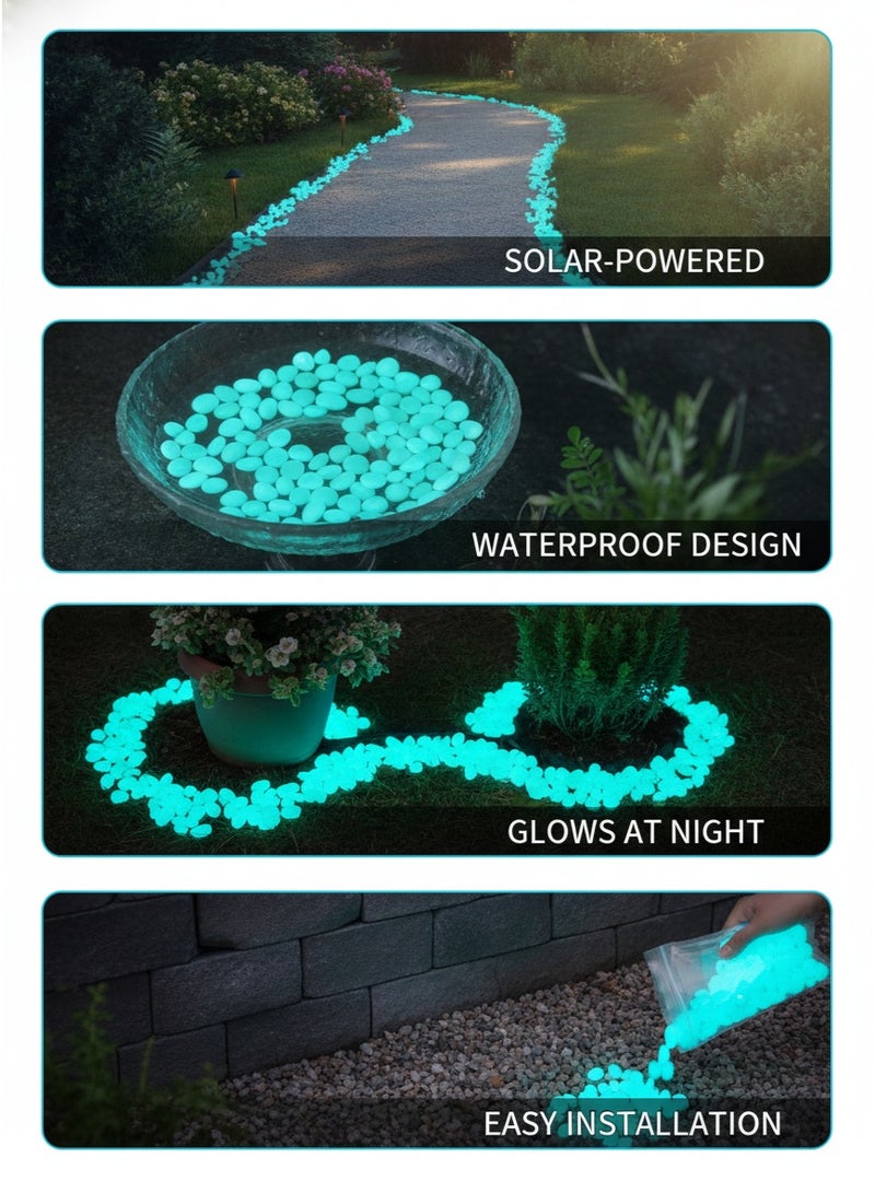 XiaoGiqi 600 Pcs Blue Glow in The Dark Pebbles, Solar Powered Luminous Garden Stones, Waterproof Sky Blue Glowing Decorative Pebbles for Walkway, Aquarium, Flower Bed, Yard & Patio Decoration - Image 3