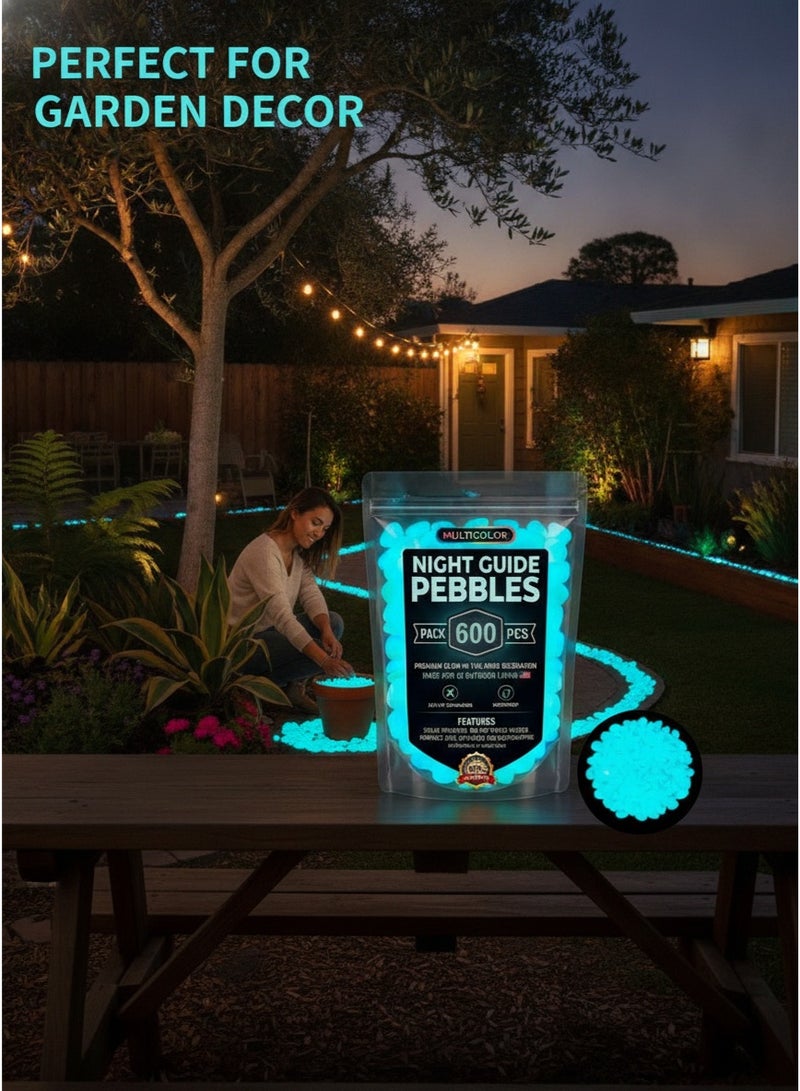 XiaoGiqi 600 Pcs Blue Glow in The Dark Pebbles, Solar Powered Luminous Garden Stones, Waterproof Sky Blue Glowing Decorative Pebbles for Walkway, Aquarium, Flower Bed, Yard & Patio Decoration - Image 4