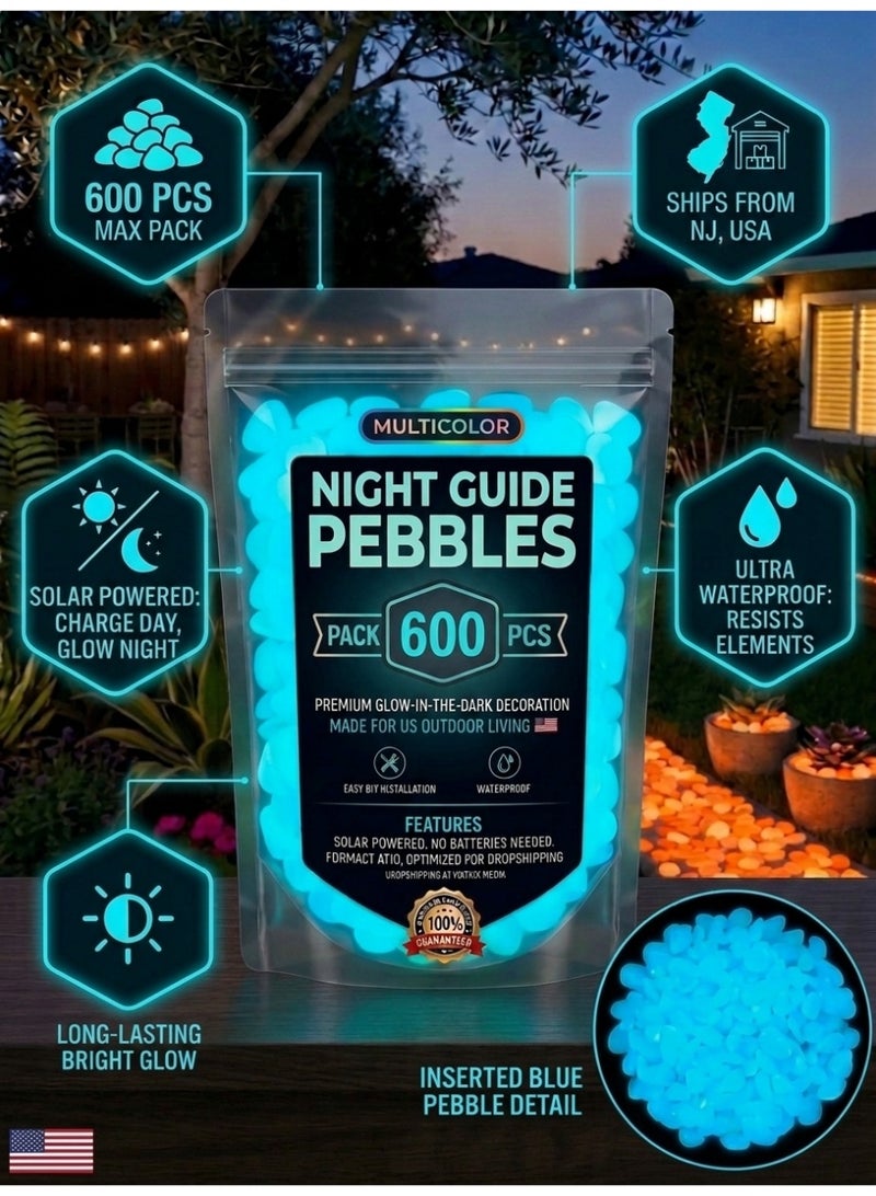XiaoGiqi 600 Pcs Blue Glow in The Dark Pebbles, Solar Powered Luminous Garden Stones, Waterproof Sky Blue Glowing Decorative Pebbles for Walkway, Aquarium, Flower Bed, Yard & Patio Decoration - Image 2