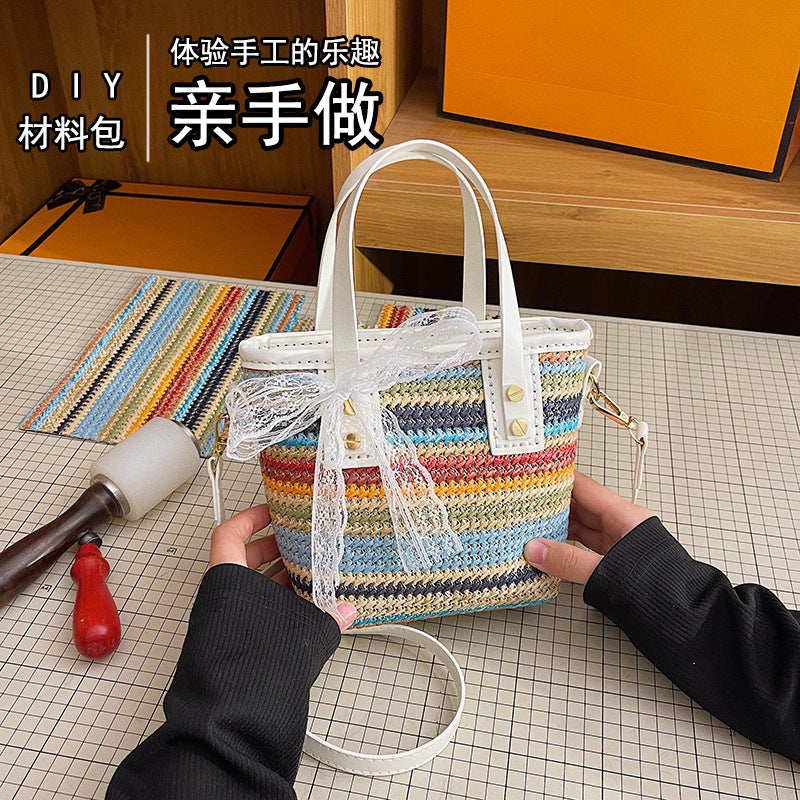 Summer Contrasting Color Small Bag Women'S Seaside Beach Vacation Straw Bag Crossbody Portable Diy Woven Material Bag Homemade - Image 1