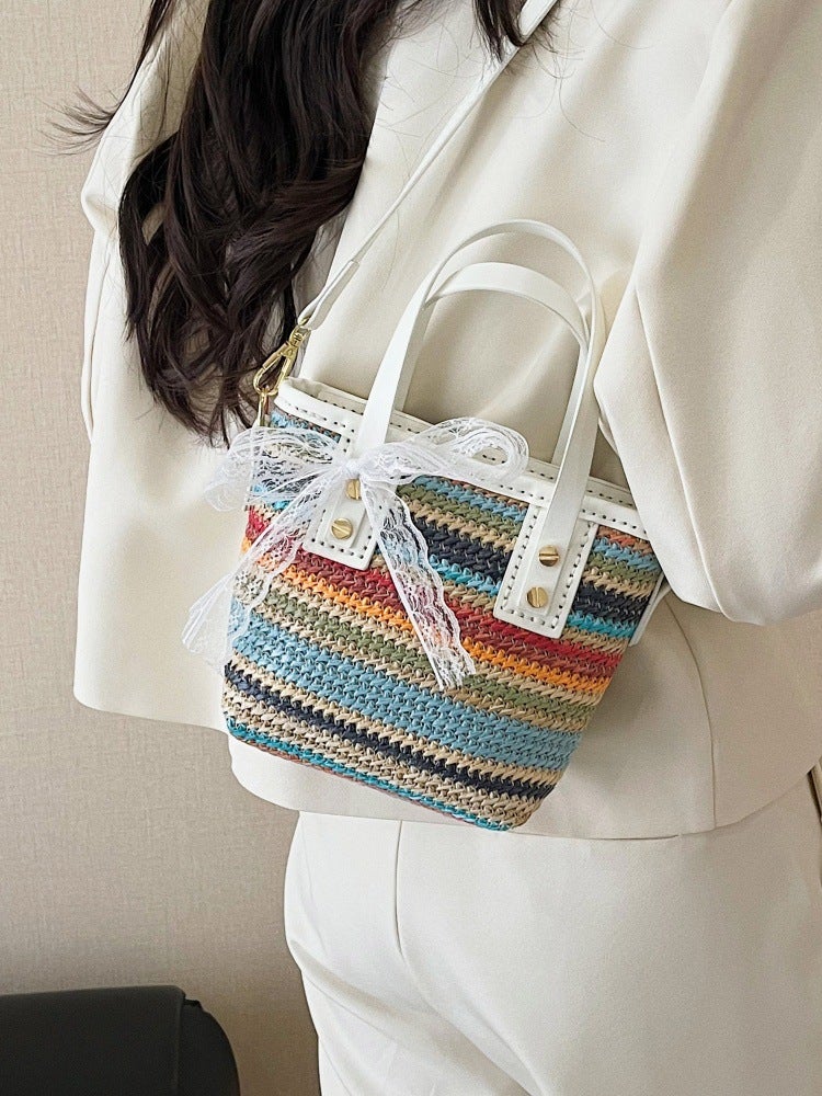Summer Contrasting Color Small Bag Women'S Seaside Beach Vacation Straw Bag Crossbody Portable Diy Woven Material Bag Homemade - Image 5