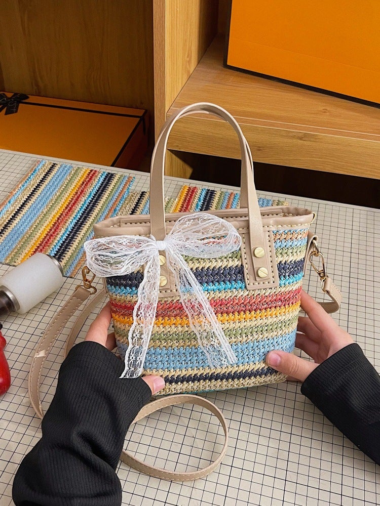 Summer Contrasting Color Small Bag Women'S Seaside Beach Vacation Straw Bag Crossbody Portable Diy Woven Material Bag Homemade - Image 2