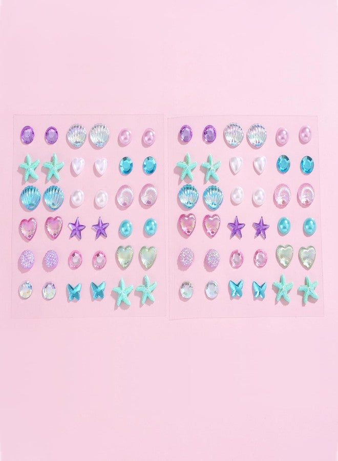 koutey Mermaid Shell Stick on Earrings 3D Self-Adhesive Pearl, Butterfly, Stars, Moon Sticker Earrings, Stick on Earrings for Little Girls 4-6, Kids Girl Face Eye Crystal Gem Stickers (2 Sheet Sets) - Image 2