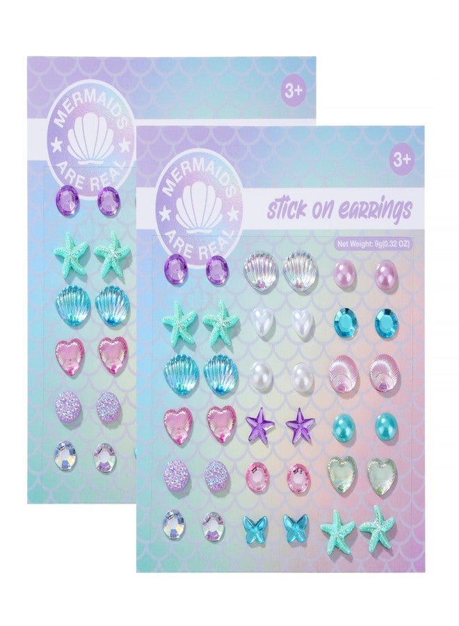 koutey Mermaid Shell Stick on Earrings 3D Self-Adhesive Pearl, Butterfly, Stars, Moon Sticker Earrings, Stick on Earrings for Little Girls 4-6, Kids Girl Face Eye Crystal Gem Stickers (2 Sheet Sets) - Image 1