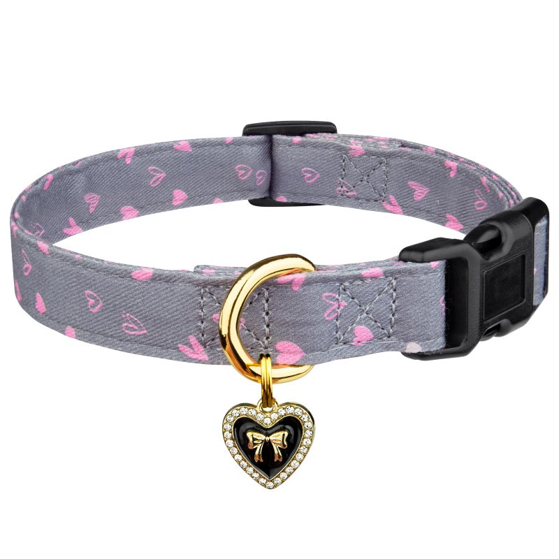 FYEQYAOU Cotton Handmade Dog Collar Cute and Distinctive Patterns Grey Heart with Pendant for Girl Boy Dogs Collars S - Image 1