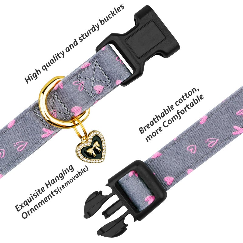 FYEQYAOU Cotton Handmade Dog Collar Cute and Distinctive Patterns Grey Heart with Pendant for Girl Boy Dogs Collars S - Image 2