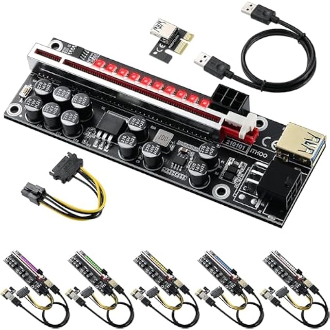 rayihni PCI-E RISER 16X TO 1X FOR BITCOIN GPU MINING POWERED RISER ADAPTER CARD, LED COLOURFUL LIGHT EFFECT, 11 FIXED CAPACITORS, 60 CM USB 3.0 CABLE ETHEREUM ETH MINING VER014 (PACK OF 6) - Image 1
