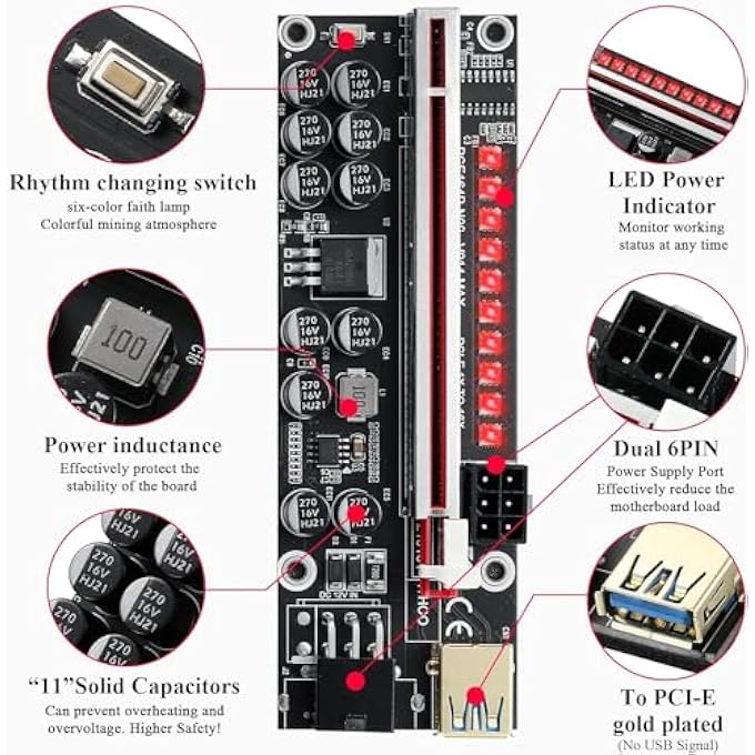 rayihni PCI-E RISER 16X TO 1X FOR BITCOIN GPU MINING POWERED RISER ADAPTER CARD, LED COLOURFUL LIGHT EFFECT, 11 FIXED CAPACITORS, 60 CM USB 3.0 CABLE ETHEREUM ETH MINING VER014 (PACK OF 6) - Image 2