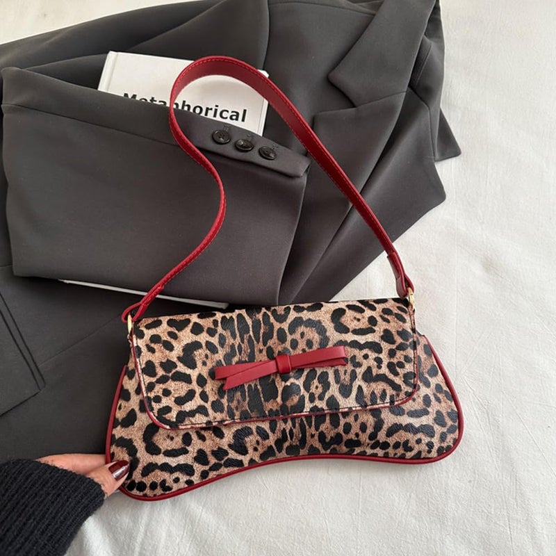 RONGTENG Women's Leopard Print Shoulder Bag, Underarm Hobo Handbag with Bow, Top-Handle Bags (Leopard & Red) - Image 4