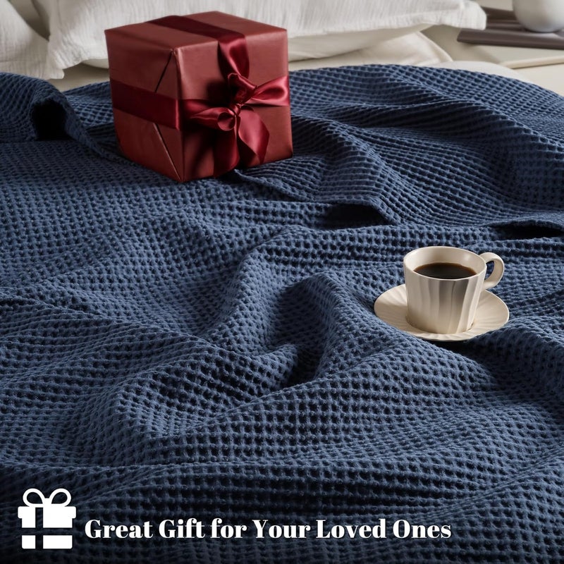 PHF Pre-Washed 100% Cotton Waffle Weave Blanket King Size for Bed,Snag Proof Throw Blanket for Couch Spring Summer Lightweight Breathable,Machine Washable, Home Decor Gift - Dark Navy - Image 5