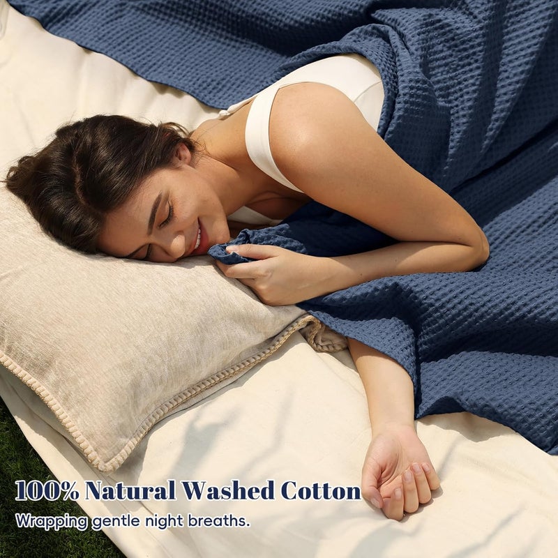 PHF Pre-Washed 100% Cotton Waffle Weave Blanket King Size for Bed,Snag Proof Throw Blanket for Couch Spring Summer Lightweight Breathable,Machine Washable, Home Decor Gift - Dark Navy - Image 2