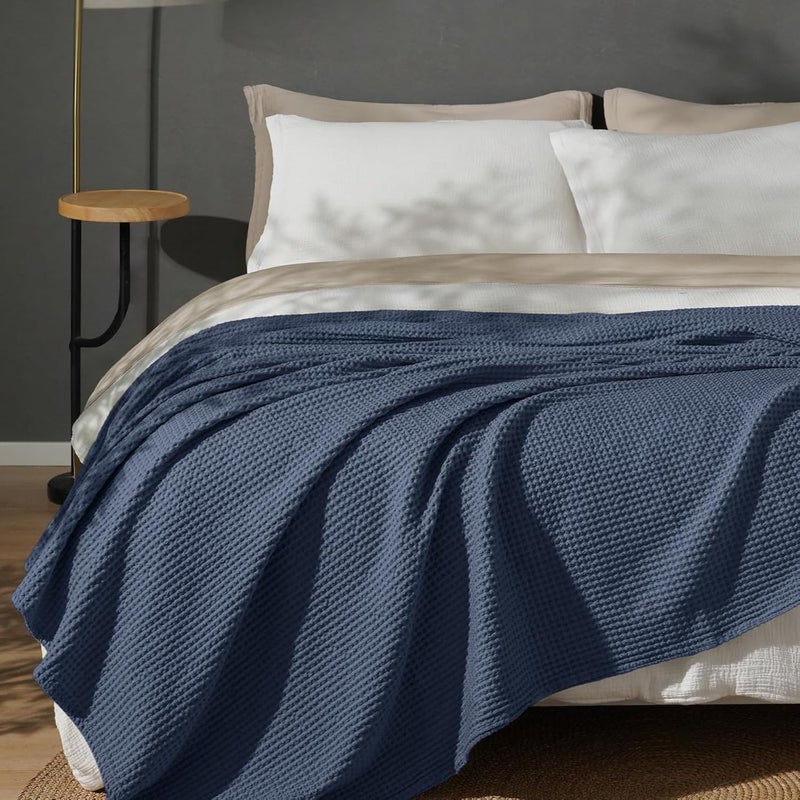 PHF Pre-Washed 100% Cotton Waffle Weave Blanket King Size for Bed,Snag Proof Throw Blanket for Couch Spring Summer Lightweight Breathable,Machine Washable, Home Decor Gift - Dark Navy - Image 1