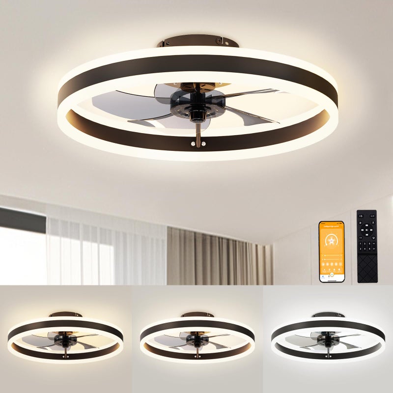 VOLISUN Low Profile Ceiling Fans with Lights and Remote 197in Flush Mount Ceiling Fans with Light 3000K6500K Dimmable Fandelier LED Fan Light Black Bladeless Ceiling Fans with Lights for Bedroom
