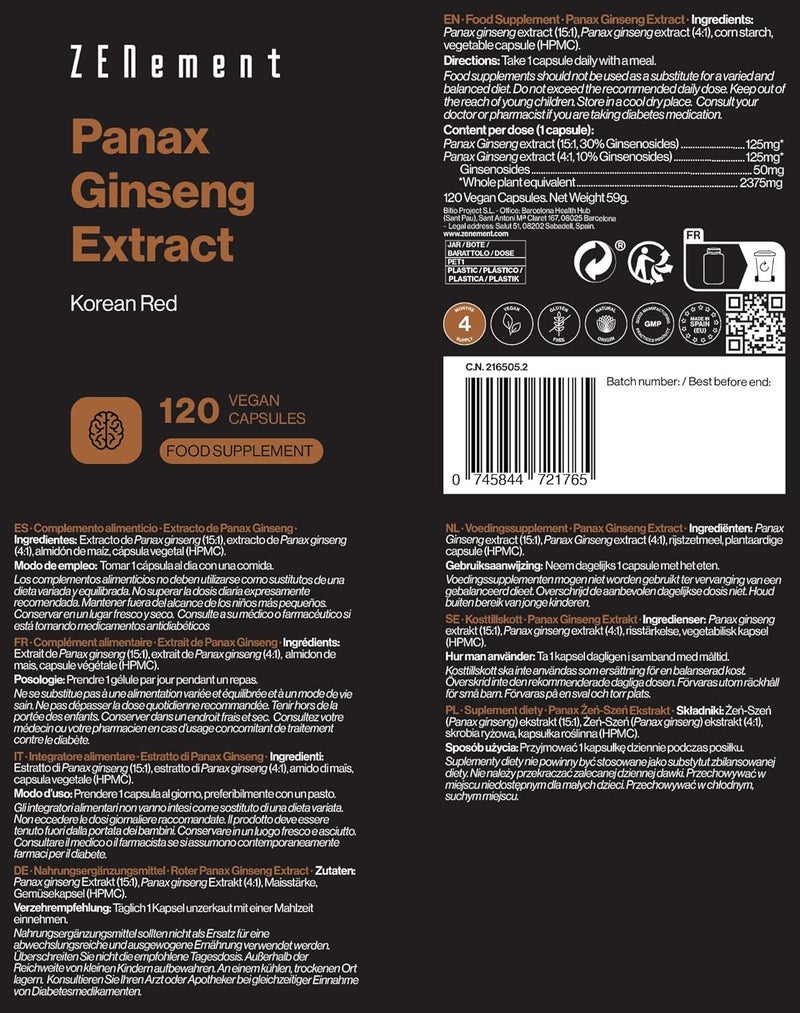 Zenement Panax Ginseng Extract 50 mg Ginsenosides per Capsule 2375 mg Whole Plant Equivalent Vegan No Additives NonGMO 120 Capsules Zenement - Image 4