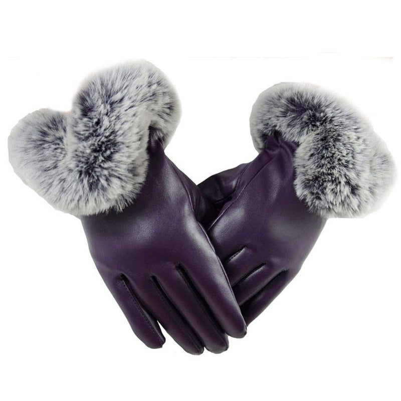 Krystle Devil Women's & Girl's PU Warm Gloves Rabbit Fur Wrist Mittens (Purple; Free Size) - Image 5