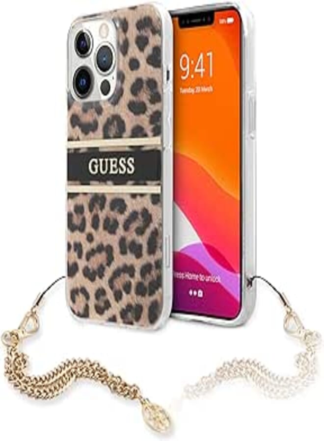 Guess PC/TPU Case Leopard Print And Stripe With Charm Chain For iPhone 13 Pro (6.1") - Gold