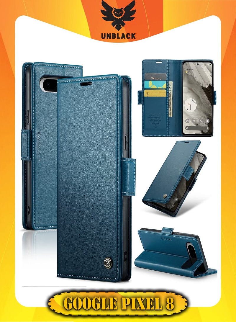 CaseMe Flip Wallet Case For Google Pixel 8, [RFID Blocking] PU Leather Wallet Flip Folio Case with Card Holder Kickstand Shockproof Phone Cover (Blue) - Image 1