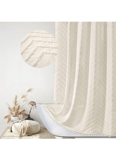 L&E Boho Shower Curtain Beige Tassel Woven Fabric Shower Curtain Modern Farmhouse Textured Tufted Chevron Striped Minimalist Bathroom Hotel, 182*213CM  - Image 1