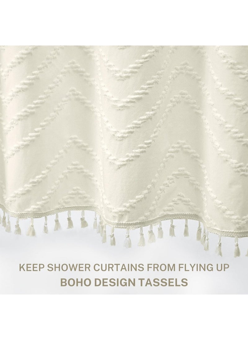 L&E Boho Shower Curtain Beige Tassel Woven Fabric Shower Curtain Modern Farmhouse Textured Tufted Chevron Striped Minimalist Bathroom Hotel, 182*213CM  - Image 3