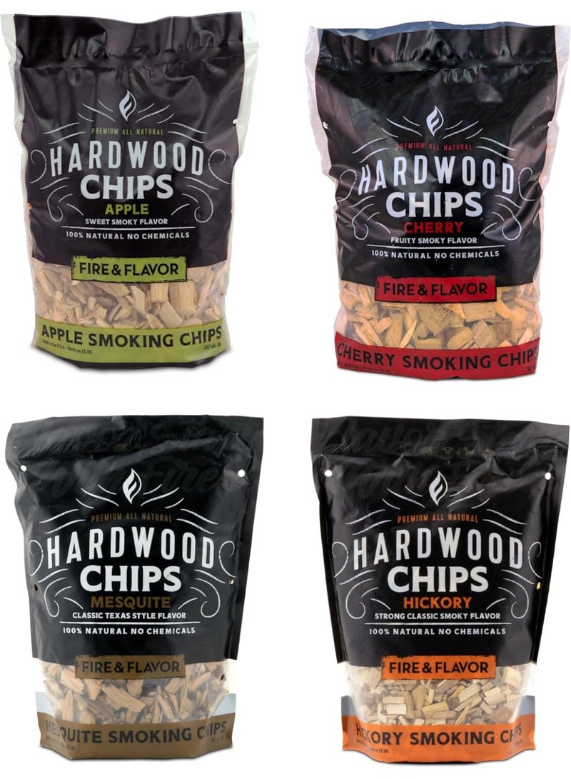 Fire & Flavor Premium All Natural Wood Chip Bundle for Smokers-Wood Chips for Smoking -Smoker Wood Chips-Smoker Accessories Gifts for Men and Women - 4 1.37 Lb Bags - Apple, Mesquite, Hickory, Cherry  - Image 1