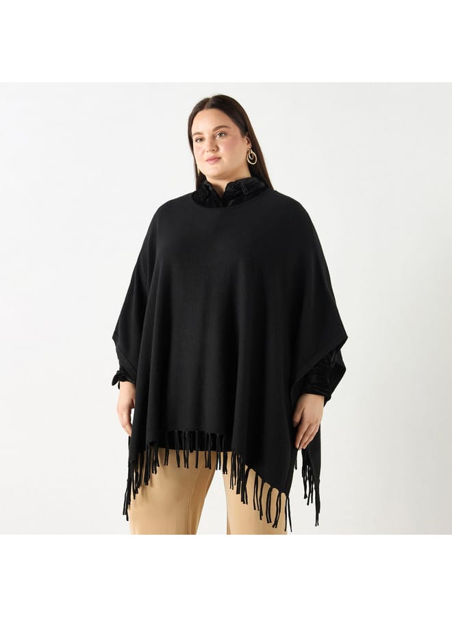 Ulla Popken Plus Size Ulla Popken Solid Round Neck Poncho with Tassels  - Image 1