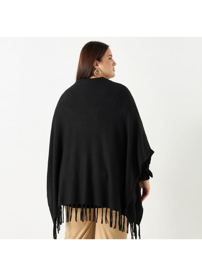 Ulla Popken Plus Size Ulla Popken Solid Round Neck Poncho with Tassels  - Image 3